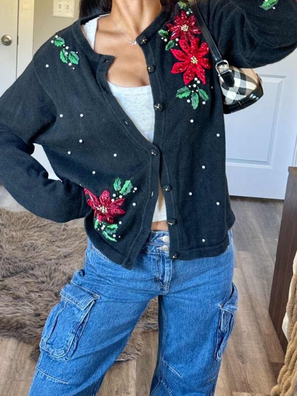 Vintage Christmas Cardigan Black Red Sequin Poinsettia Beaded Holiday Sweater